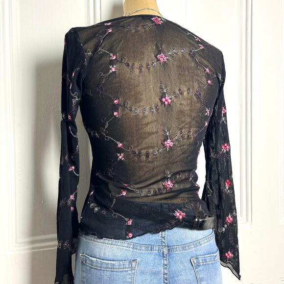 Hourglass Whimsygoth grunge black long sleeve top flared sheer sleeves floral - Picture 7 of 8